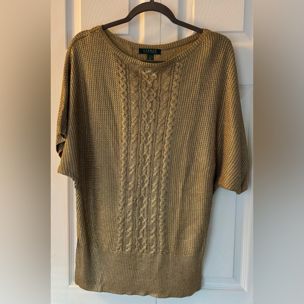 Lauren Ralph Lauren Ladies Sweater Gold Metallic Knit Short Sleeve XL HOLIDAYS